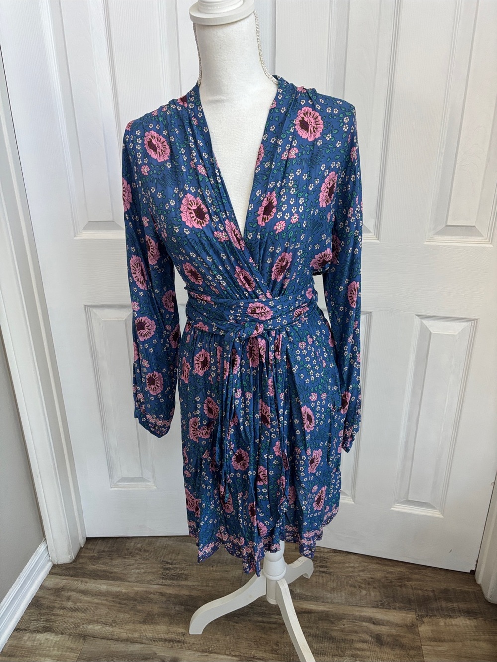 Blue Floral Wrap Dress with Pink Blooms